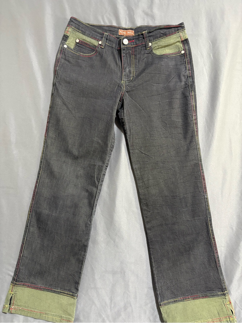 Womens Black Straight Jeans with Green Pocket and Cuff Accents